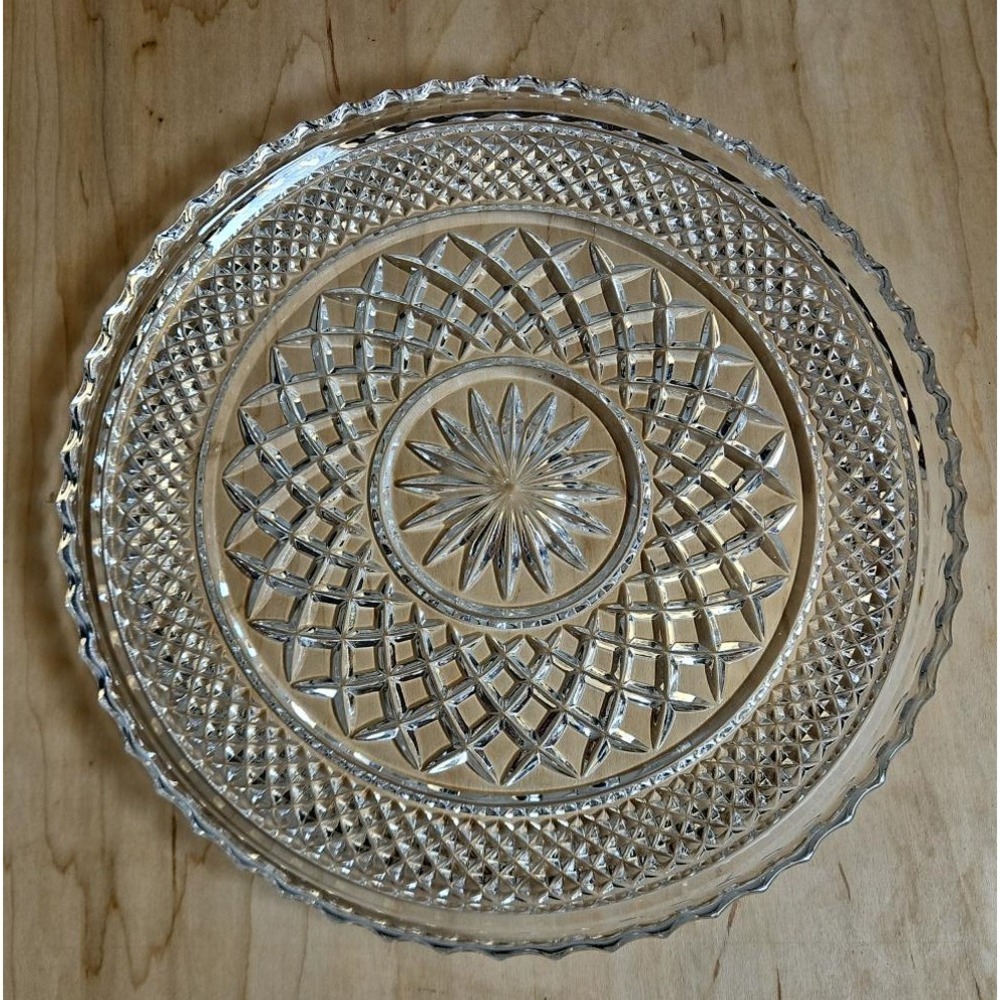 Vintage Clear Pressed Glass Serving Platter 12" Starburst Center Hole Pedestal